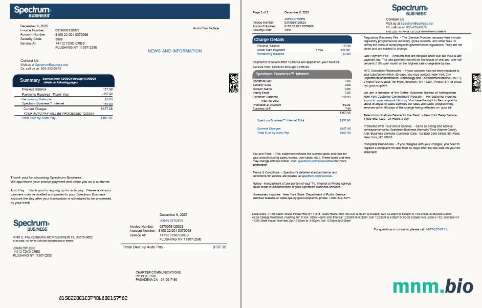Szablon rachunku za media Biznesowe w USA Spectrum w formatach Word i PDF, 2 strony, Wersja 2
